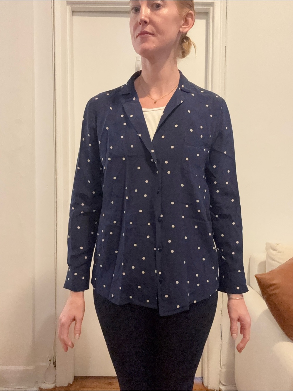 Sezane Women’s Navy Polka Dot Silk Button-Up Shirt